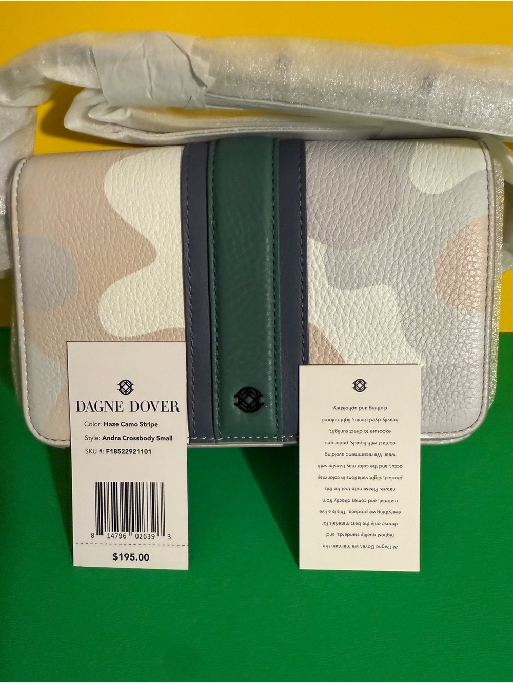 Dagne Dover Andra Crossbody in Haze Camo with Green & Navy Stripe